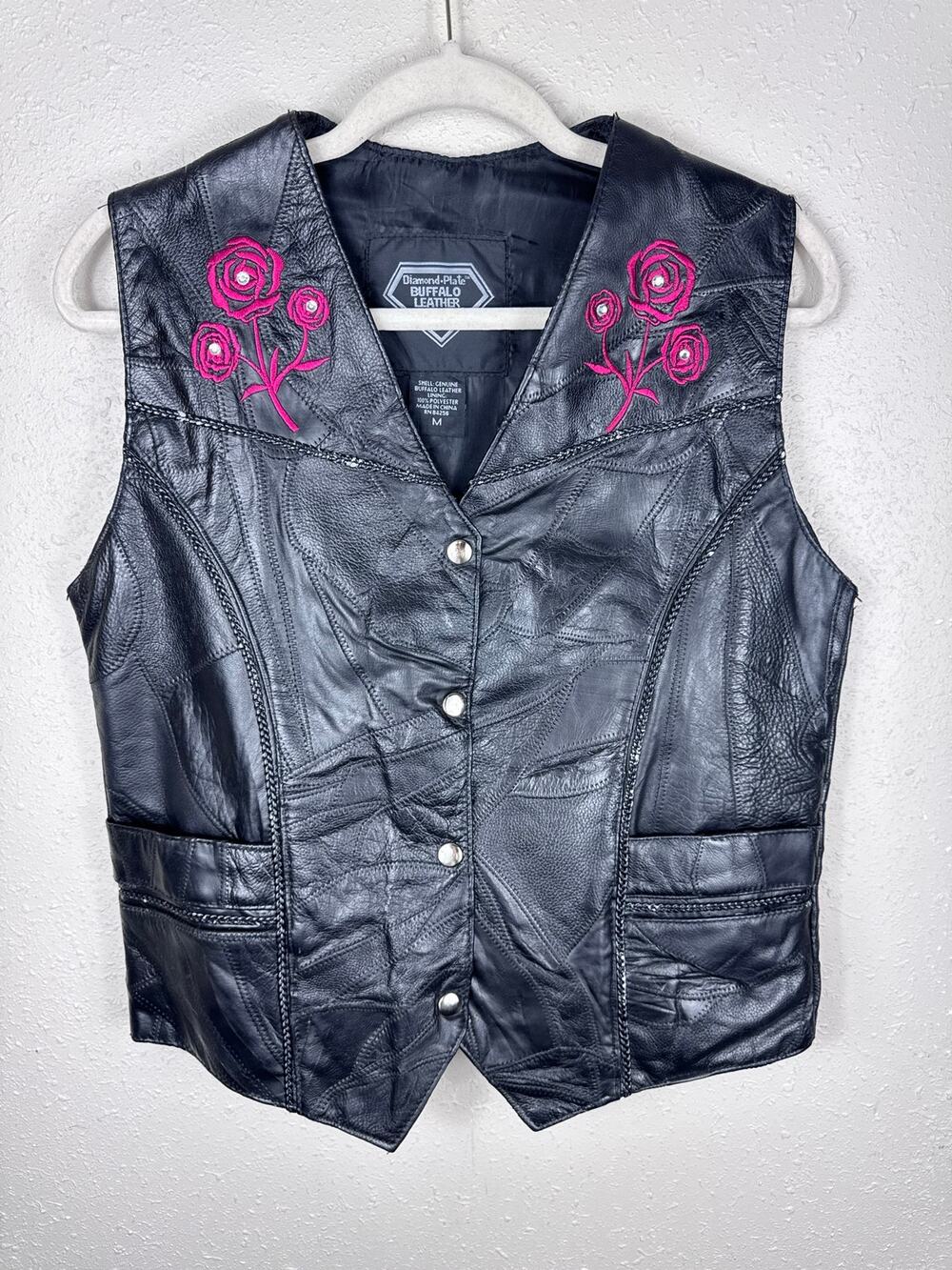 Diamond Plate Buffalo Leather Embroidered Floral Vest Womens Size Medium